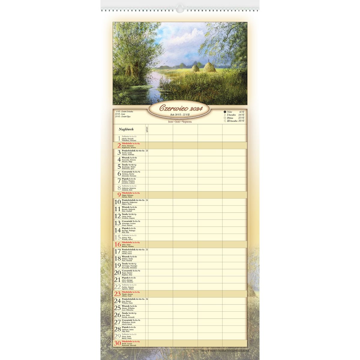 Kalendarz ścienny Lucrum notatnikowy 2024 IMPRESJA POLSKIE 220mm x 490mm (WN01)