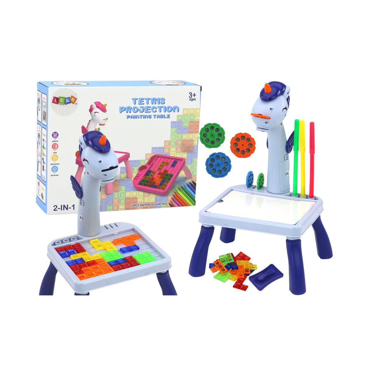 Zestaw kreatywny dla dzieci Mini Projektor Stolik Tetris 2w1 Jednorożec Niebieski Lean (19605)