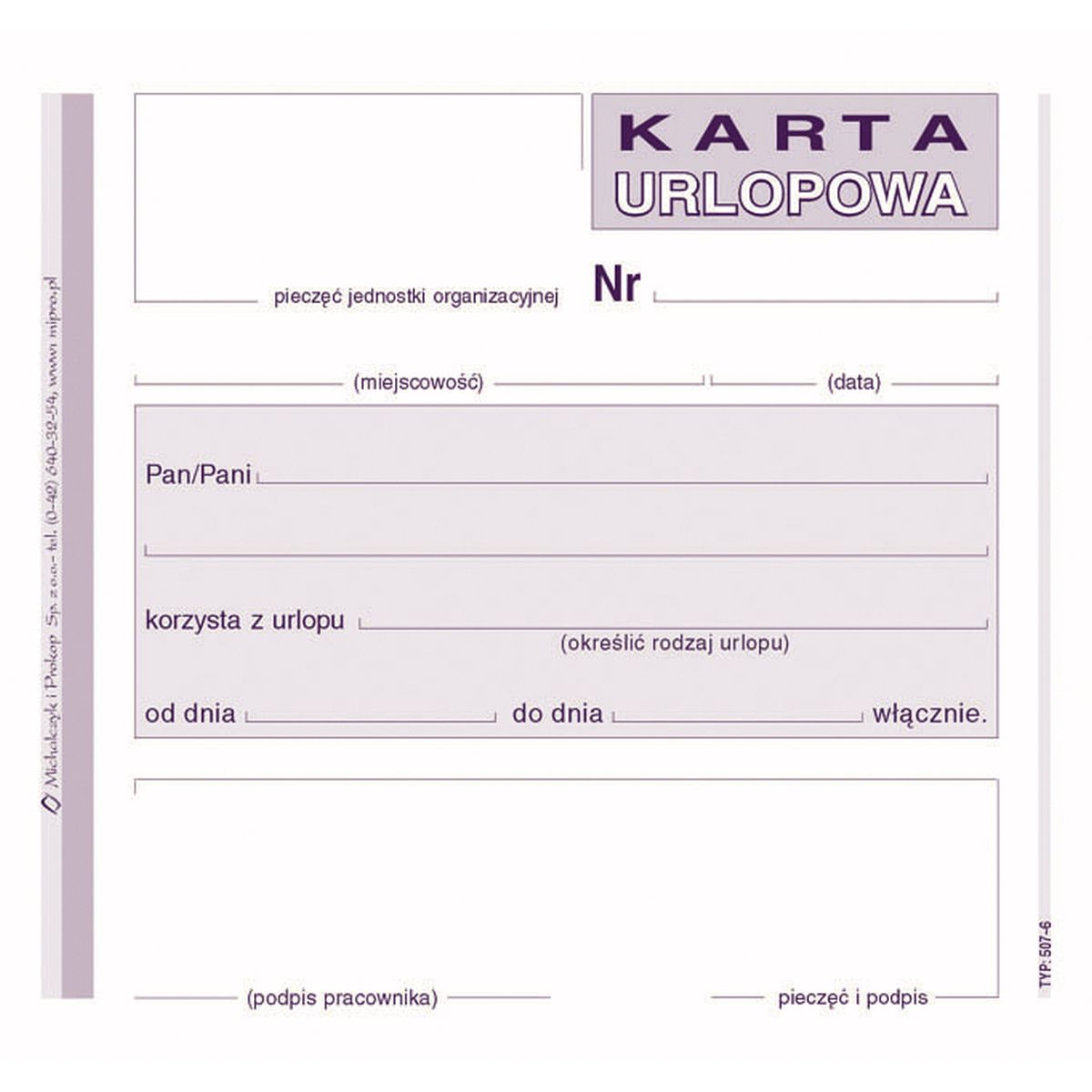 Druk offsetowy Karta urlopowa 2/3 A6 40k. Michalczyk i Prokop (507-6)