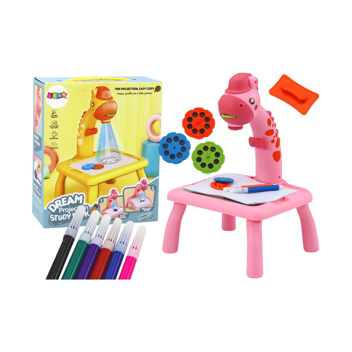 Zestaw kreatywny dla dzieci Projektor Stoliczek Do Rysowania Żyrafa Różowa Pisaki Lean (19608)