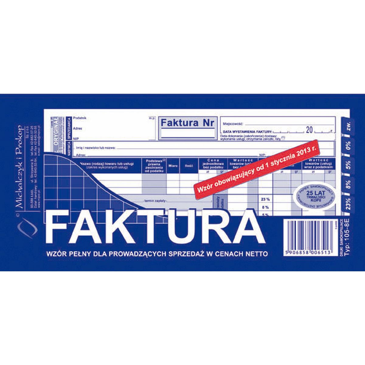 Druk offsetowy Michalczyk i Prokop Faktura VAT pełna 1/3 A4,80 kartek 1/3 A4 80k. (105-8E)