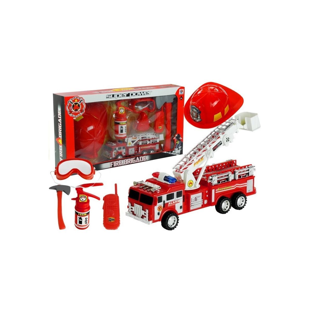 Samochód strażacki Zestaw Strażaka Straż Pożarna Wóz + Kask + Gaśnica Lean (1070)