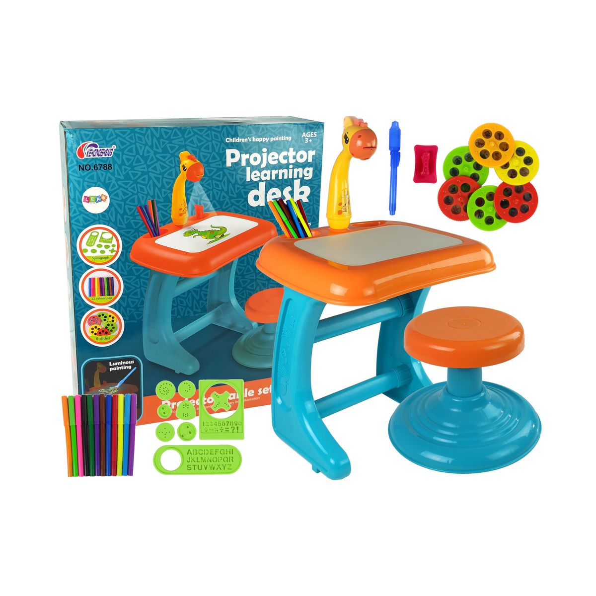 Zestaw kreatywny dla dzieci Stolik Tablica Do Rysowania Krzesełko Projektor Pomarańczowy Pisaki Obrazki Lean (9498)