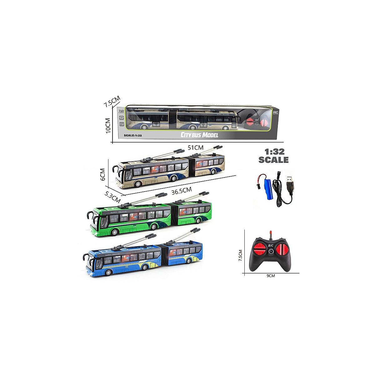 Autobus trolejbus 1:32 na radio, 36,5x5,5x6cm, światło, 4 funkcje, ładowarka USB Adar (579248)
