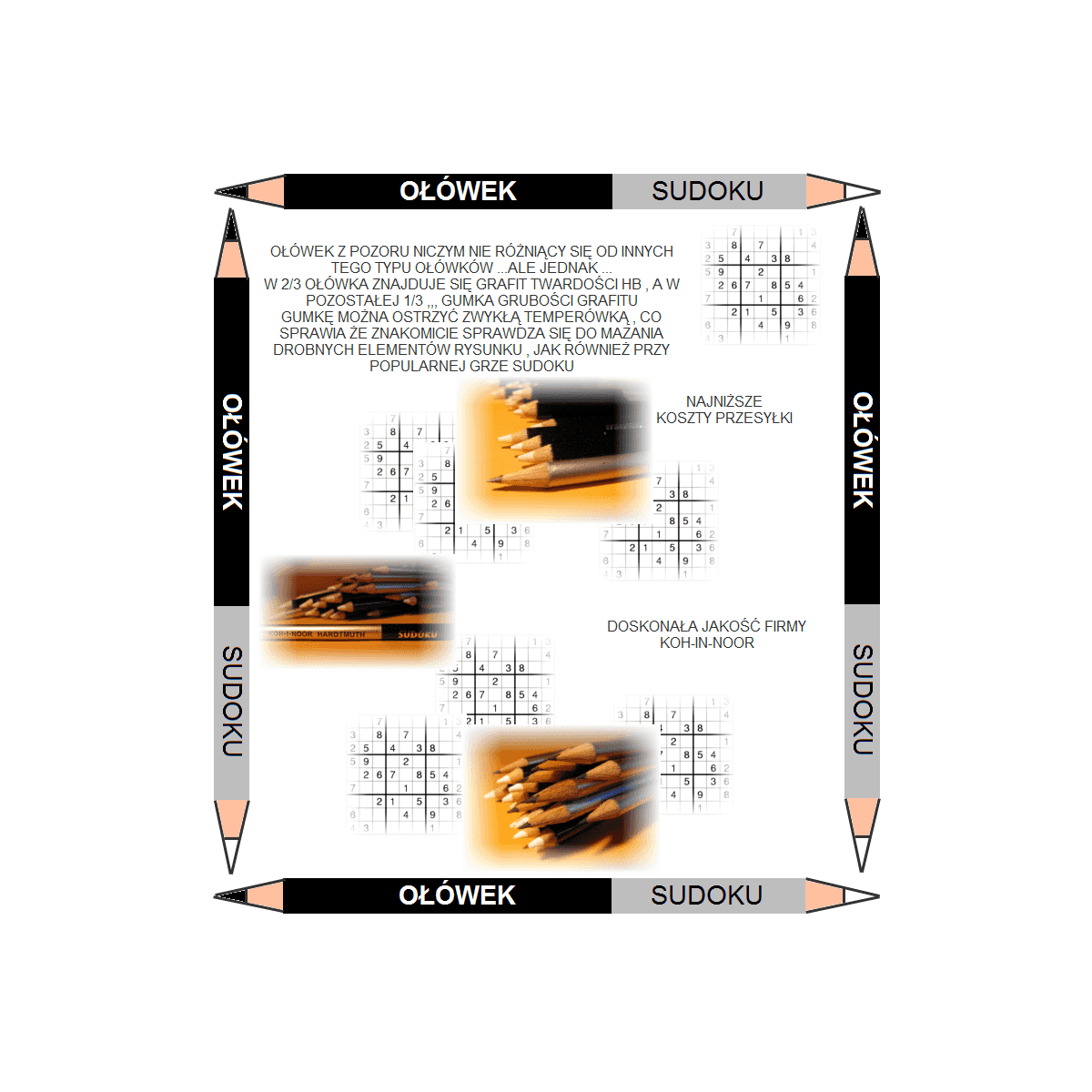 Ołówek Koh-I-Noor Sudoku dwustronny grafitowo-gumowy złoty lub srebrny (1350)