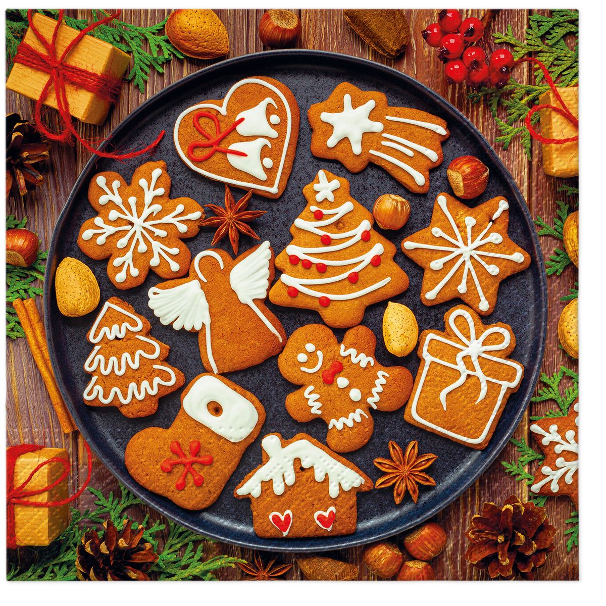 Serwetki Paw BN Gingerbread icing decorated mix nadruk bibuła [mm:] 330x330 (TL233900)