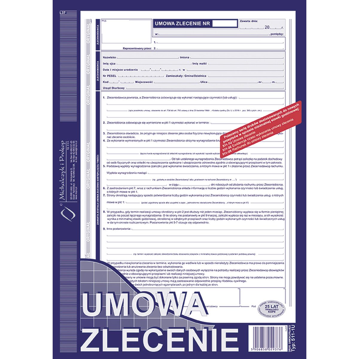 Druk samokopiujący Michalczyk i Prokop Umowa zlecenie z rachunkiem A4 A4 40k. (511-1U)