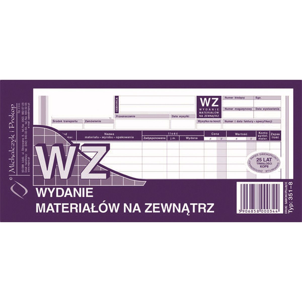 Druk samokopiujący Michalczyk i Prokop Wydanie materiału na zewnątrz 1/3 A4 80k. (351-8)