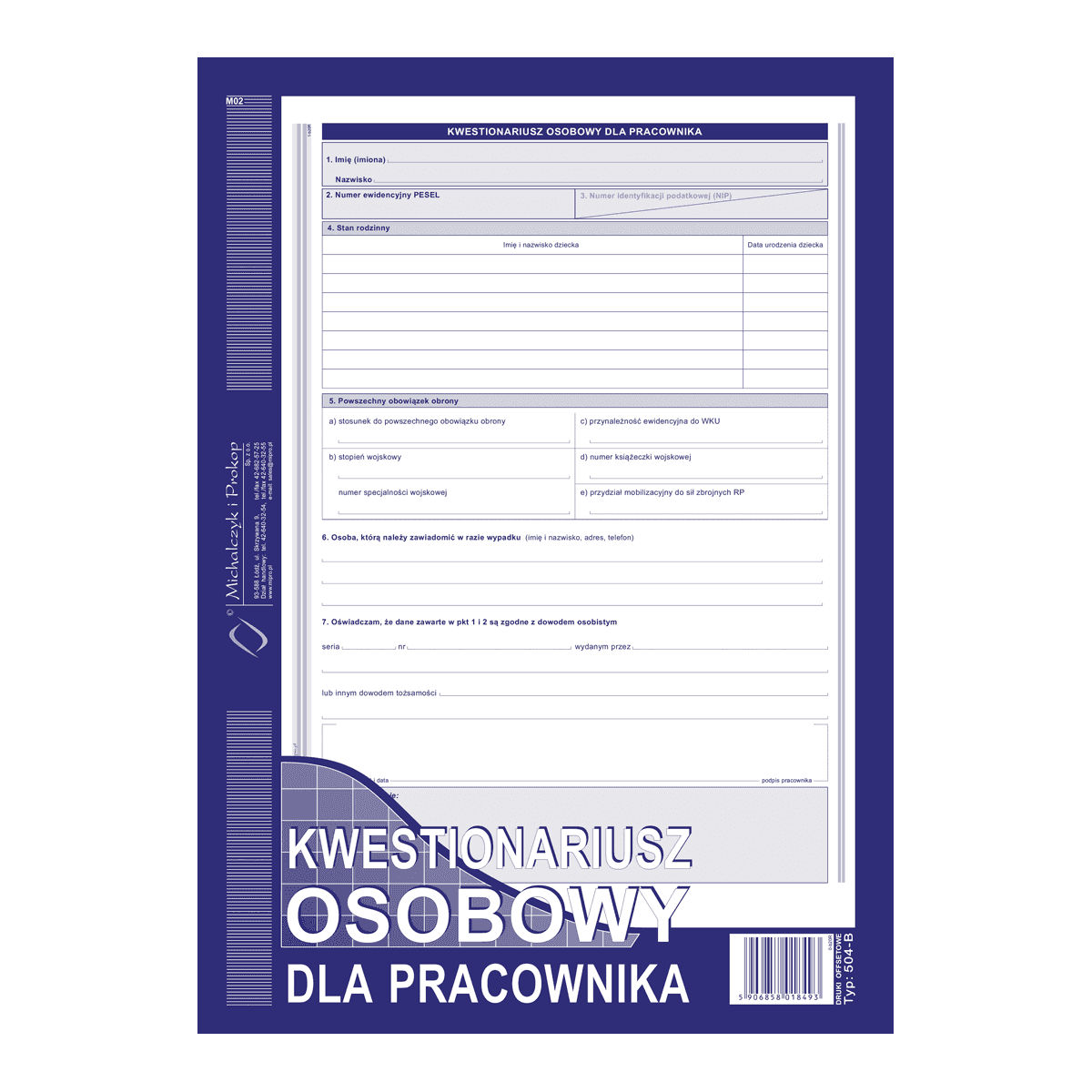 Druk offsetowy Kwestinariusz osobowy dla pracownika A4 40k. Michalczyk i Prokop (504-B)