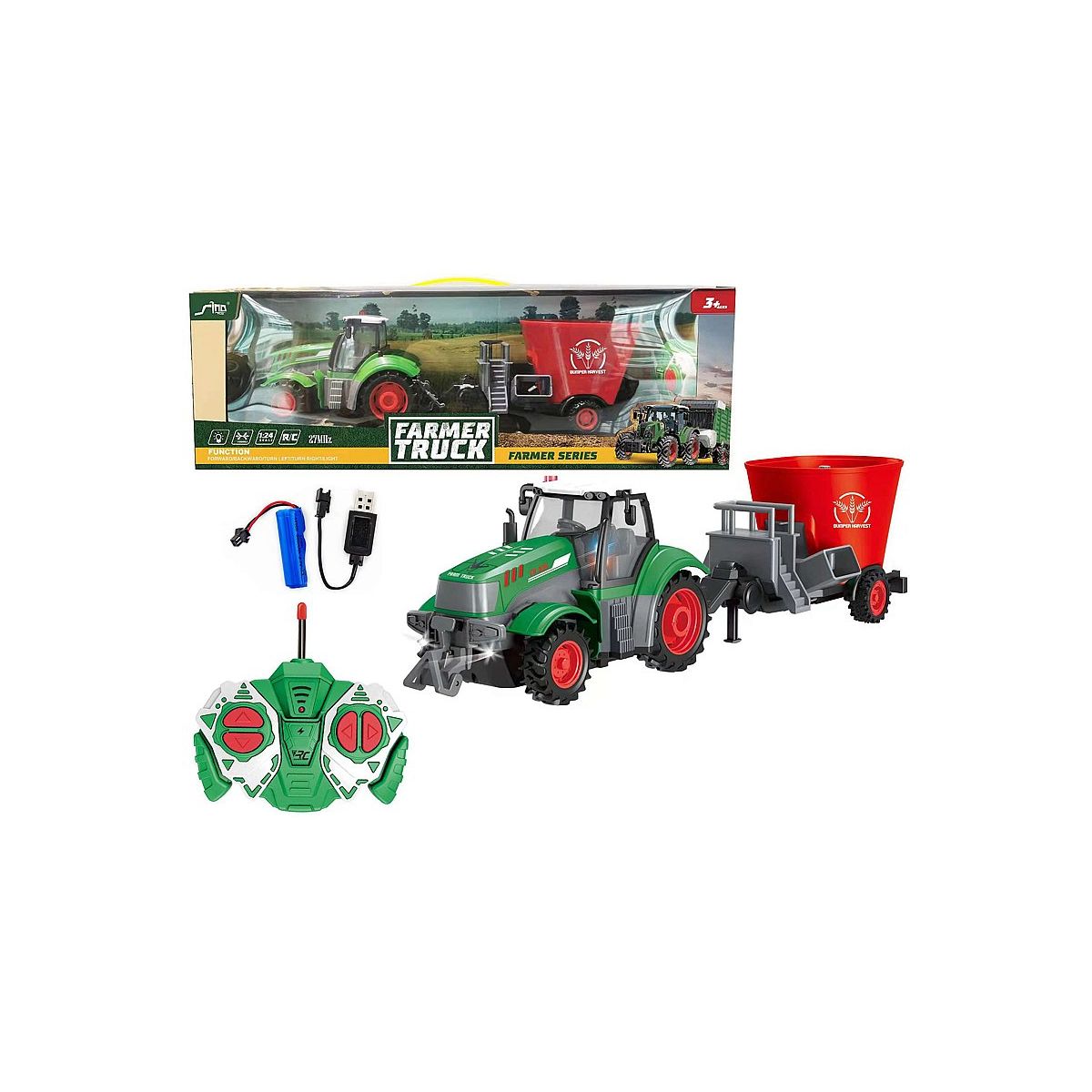 Traktor 1:24, na radio, z maszyną rolniczą, ładowarka USB Adar (586697)