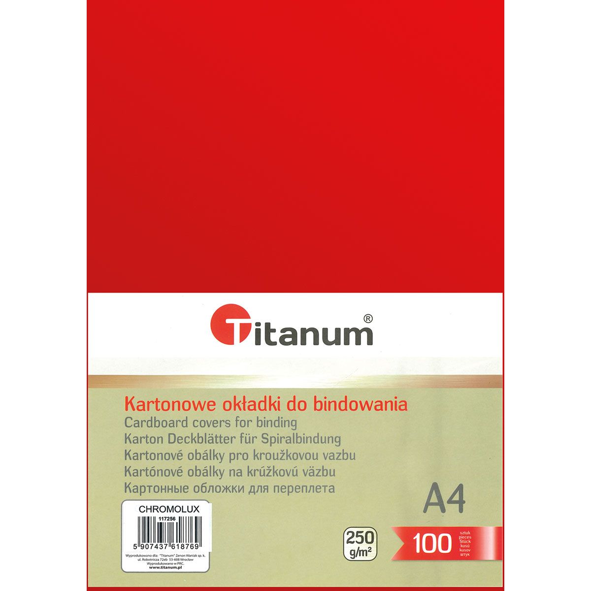 Karton do bindowania błyszczący - chromolux A4 czerwony 250g Titanum