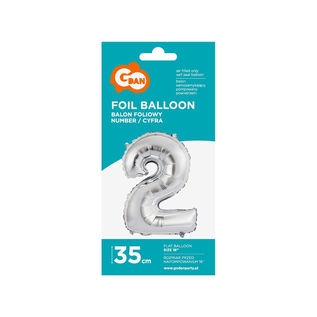 Balon foliowy Godan cyfra 2 srebrny 35 cm 16cal (FG-C35S2)