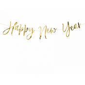 Baner Happy New Year wykonany z papieru w kolorze złotym lustrzanym długość ok. 66 cm, wysokość ok. 18 cm Partydeco (GRL88-019M)