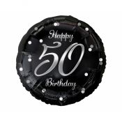 Balon foliowy Godan Happy 50 Birthday, czarny, nadruk srebrny 18cal (FG-O50S)