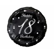 Balon foliowy Godan Happy 18 Birthday, czarny, nadruk srebrny 18cal (FG-O18S)