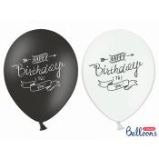 Balon gumowy Partydeco gumowy biały i czarny Happy Birthday 30 cm/6 sztuk biało-czarny 300mm (SB14P-258-000-6)