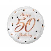 Balon foliowy Godan 50 Birthday, biały, nadruk różowo-złoty 18cal (FG-050B)