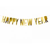 Baner Partydeco Happy New Year w kolorze złotym lustrzanym wymiary po złożeniu: wysokość ok. 10 cm, długość ok. 90 cm. (GRL46-019M)