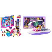 Pakiet PROMOCJA Barbie Domek Marzeń DreamHouse Zestaw klocków+Barbie łódź + 2 lalki HHM01+HHG60 Mattel (491843+620804)